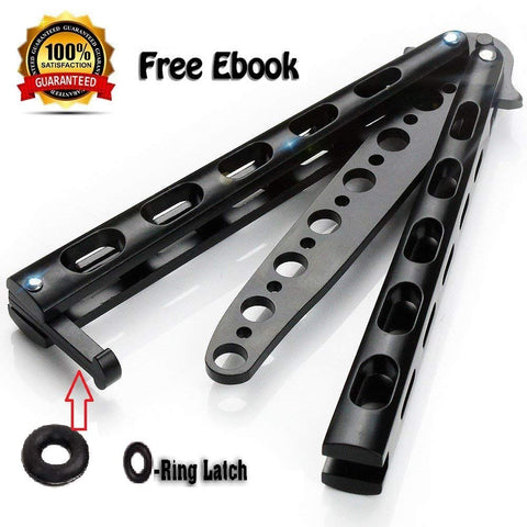 Anlado Balisong Butterfly Knife Trainer Practice with O-Ring Latch - Enhanced Version - Black Metal Steel - no Offensive Blade - for Beginner, Children, Butterfly Knives Lover and More