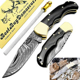 Pocket Knife 6.5'' Buffalo Horn Damascus Steel Knife Brass Bloster Back Lock Folding Knife + Real Horn Handel Knife + Sharpening Rod Pocket Knives 100% Prime Quality+ Camel Bone Small Pocket Knife.