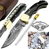 Pocket Knife 6.5'' Buffalo Horn Damascus Steel Knife Brass Bloster Back Lock Folding Knife + Real Horn Handel Knife + Sharpening Rod Pocket Knives 100% Prime Quality+ Camel Bone Small Pocket Knife.